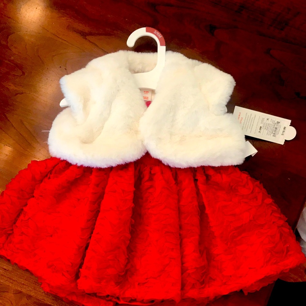 Cat & Jack Baby Girl Red / White 3Pcs Christmas Sleeveless Roses Dress With Vest